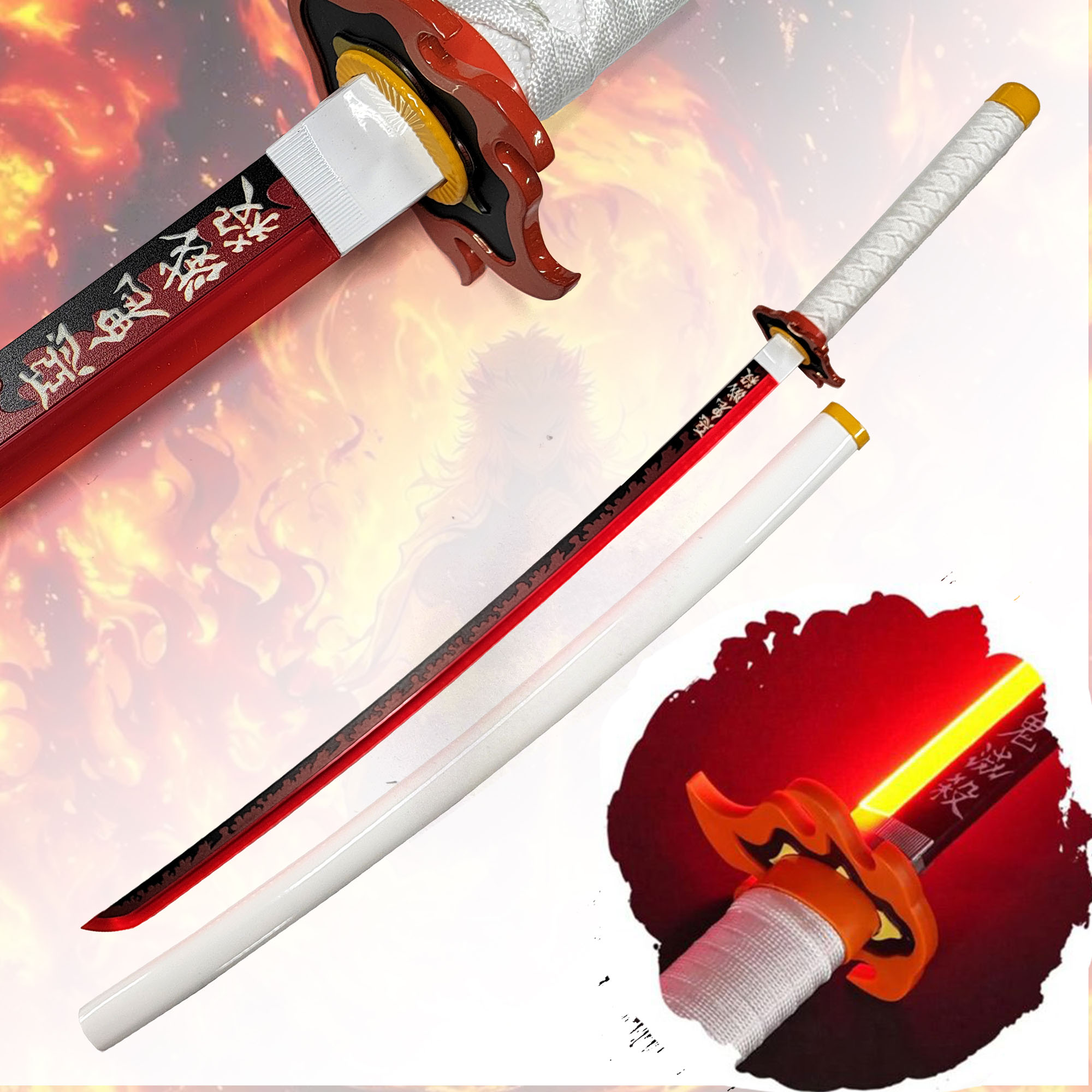 Demon Slayer Rengoku Kyoujurou Schwert mit Scheide (Stahlklinge mit LED-leuchtender Klingenkante)